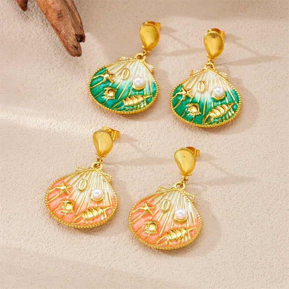 Wholesale Stainless Steel Women's Cartoon Geometric Dripping Oil Ocean Wind Pendant Earrings With Scallop Starfish Shell