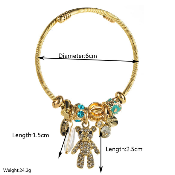 Wholesale Stainless Steel Women's Cartoon Style Bracelet Set With Diamonds And Bear Letter Pendant