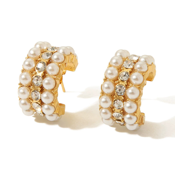 Wholesale Stainless Steel Women's Earrings Inlaid With Zircon Rice Beads C Shaped Geometric 18K Vacuum Plated In Furnace