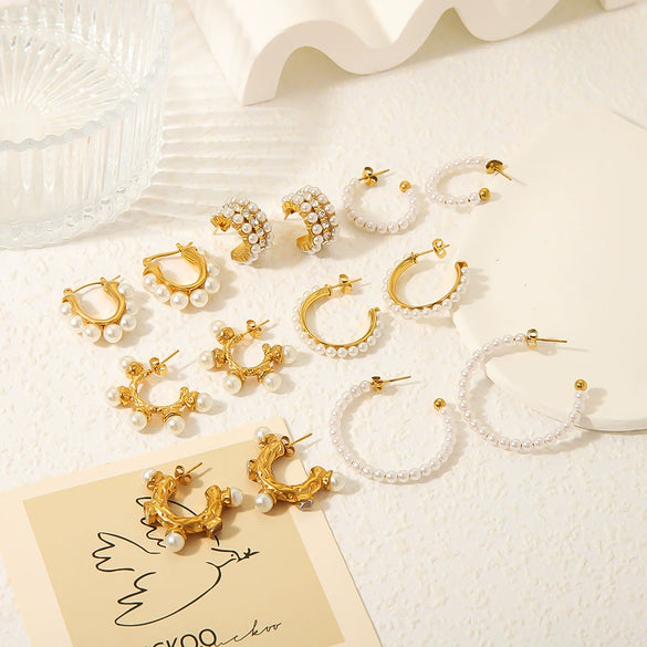 Wholesale Stainless Steel Women's Earrings Inlaid With Zircon Rice Beads C Shaped Geometric 18K Vacuum Plated In Furnace