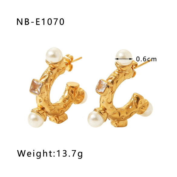 Wholesale Stainless Steel Women's Earrings Inlaid With Zircon Rice Beads C Shaped Geometric 18K Vacuum Plated In Furnace