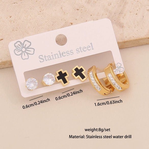 Wholesale Stainless Steel Women's Fashion Earrings With Geometric Square Heart Flower And Drop Shapes Set With Diamonds