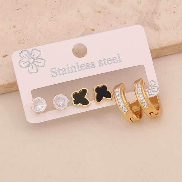 Wholesale Stainless Steel Women's Fashion Earrings With Geometric Square Heart Flower And Drop Shapes Set With Diamonds