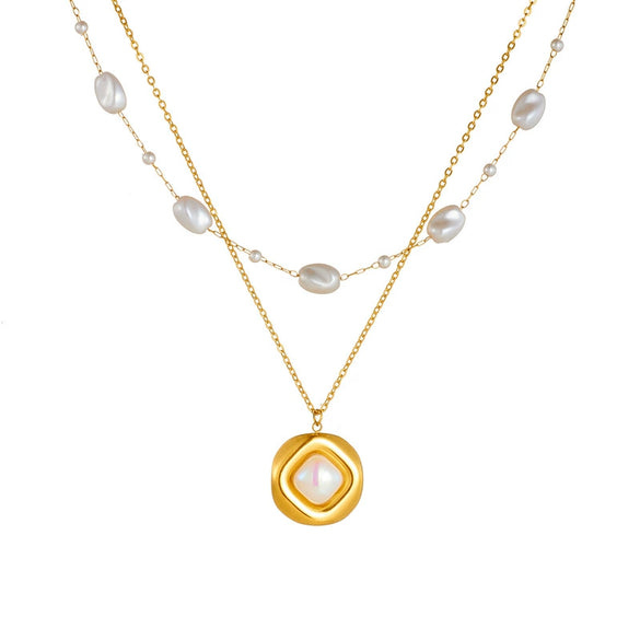 Wholesale Stainless Steel Women's Geometric Double Layer Stacked Inlaid Pearl Necklace With Electroplating