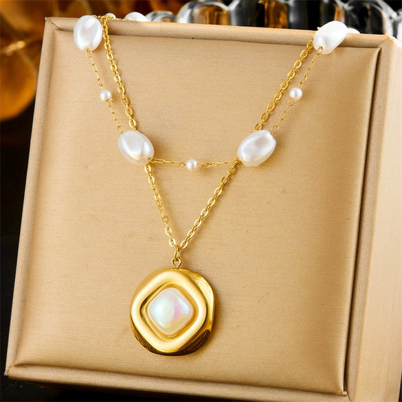 Wholesale Stainless Steel Women's Geometric Double Layer Stacked Inlaid Pearl Necklace With Electroplating