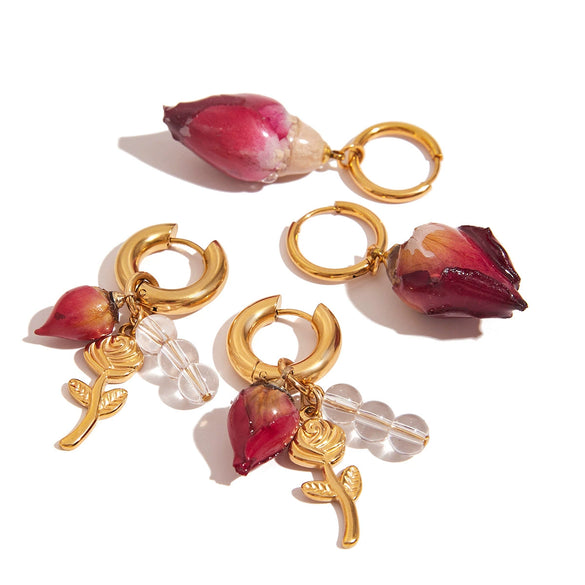 Wholesale Stainless Steel Women's Geometric Dried Flower Bud Earrings With Electroplating Design