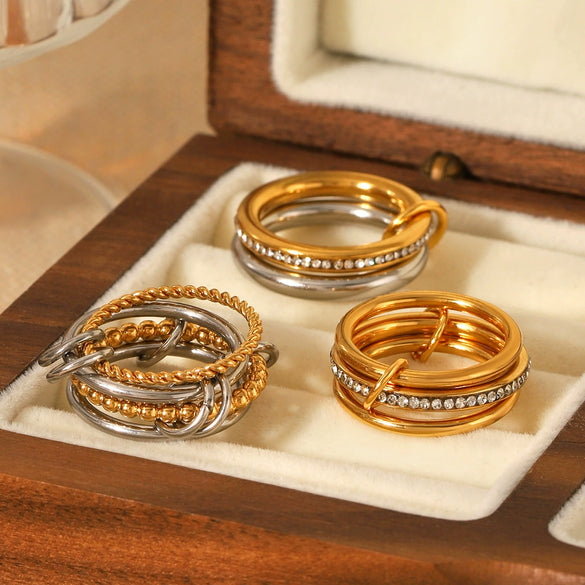 Wholesale Stainless Steel Women's Geometric Ring Set With Diamonds And 18K Goldplated