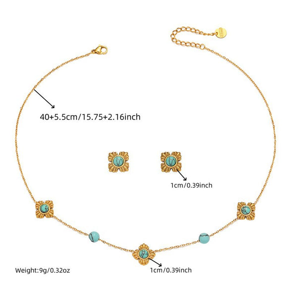 Wholesale Stainless Steel Women's Jewelry Set With Fourpetal Flower Pattern And Turquoise Inlay Electroplated Treatment