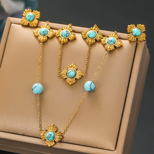 Wholesale Stainless Steel Women's Jewelry Set With Fourpetal Flower Pattern And Turquoise Inlay Electroplated Treatment