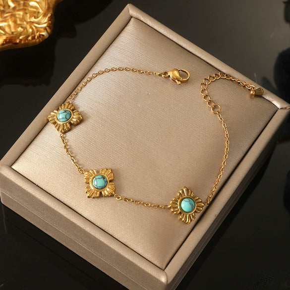 Wholesale Stainless Steel Women's Jewelry Set With Fourpetal Flower Pattern And Turquoise Inlay Electroplated Treatment