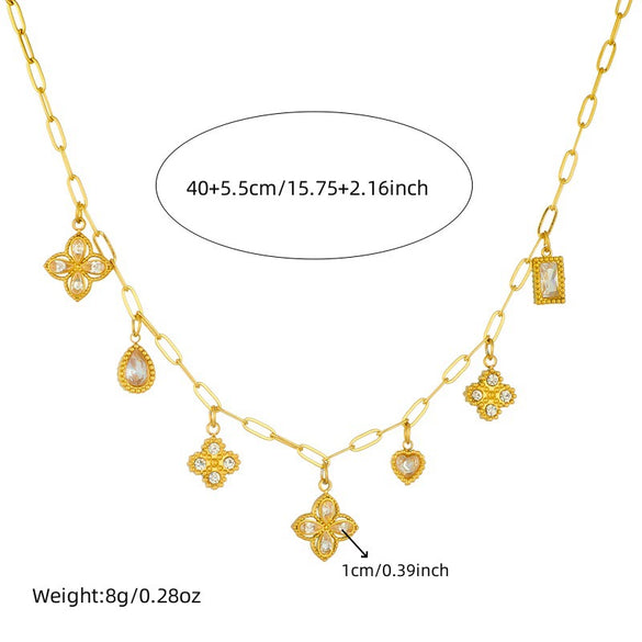 Wholesale Stainless Steel Women's Light Luxury Diamond Water Drop Fourpetal Flower Pendant Collarbone Necklace With Rhinestones And Electroplating