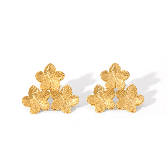 Wholesale Stainless Steel Women's Three Flower Earrings With Geometric Pattern Electroplated Design
