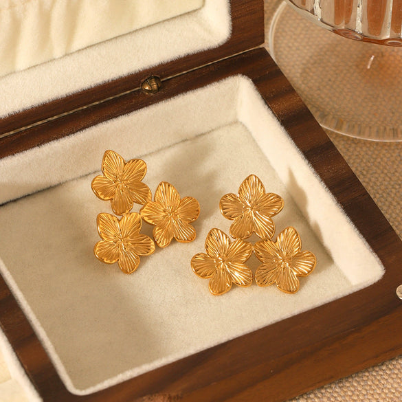 Wholesale Stainless Steel Women's Three Flower Earrings With Geometric Pattern Electroplated Design
