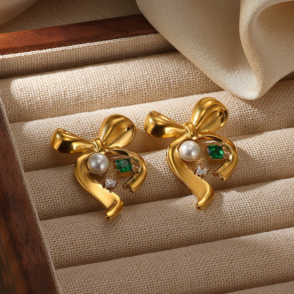 Wholesale Stainless Steel Zircon Earrings With French Pearl Bow Tie Pattern And Electroplating For Women