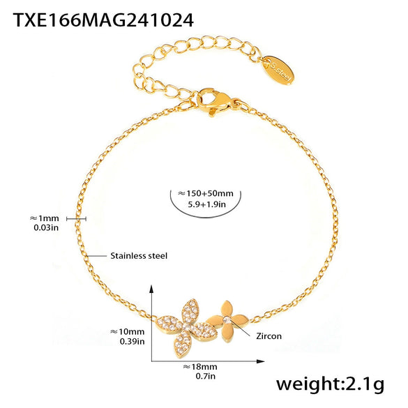 Wholesale Stainless Steel Zircon Fourleaf Flower Doublelayer Clavicle Necklace Bracelet Set With Pvd Electroplated Treatment For Women In Light Luxury Style