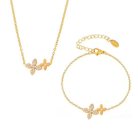 Wholesale Stainless Steel Zircon Fourleaf Flower Doublelayer Clavicle Necklace Bracelet Set With Pvd Electroplated Treatment For Women In Light Luxury Style