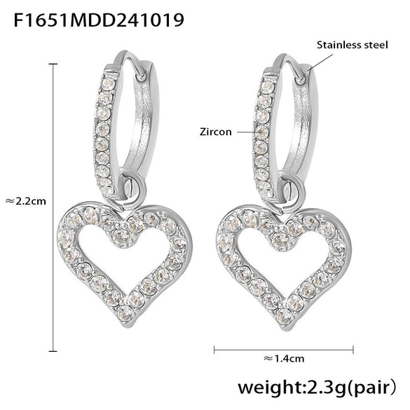 Wholesale 316L Stainless Steel Zircon Inlaid Heart Geometric Electroplated Light Luxury Hollow Earrings For Women