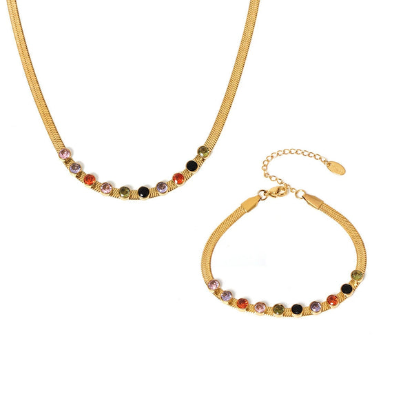 Wholesale 316L Stainless Steel Zircon Light Luxury Colorful Blade Necklace And Bracelet With 18K Gold Plated Electroplating For Women