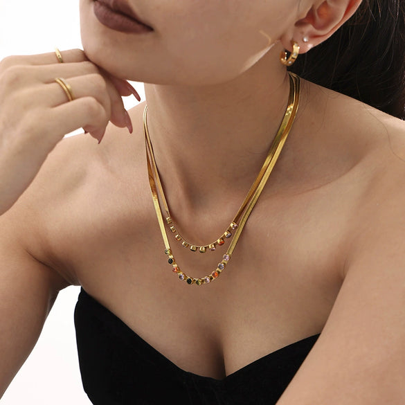 Wholesale 316L Stainless Steel Zircon Light Luxury Colorful Blade Necklace And Bracelet With 18K Gold Plated Electroplating For Women