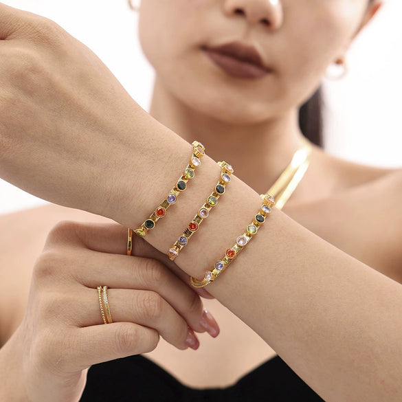 Wholesale 316L Stainless Steel Zircon Light Luxury Colorful Blade Necklace And Bracelet With 18K Gold Plated Electroplating For Women