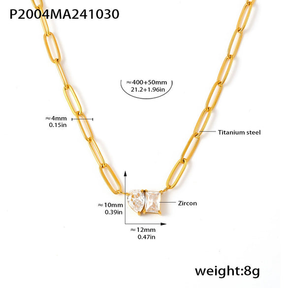 Wholesale Stainless Steel Zircon Sweet Geometric Water Drops Square Pendant Necklace With Electroplating For Women