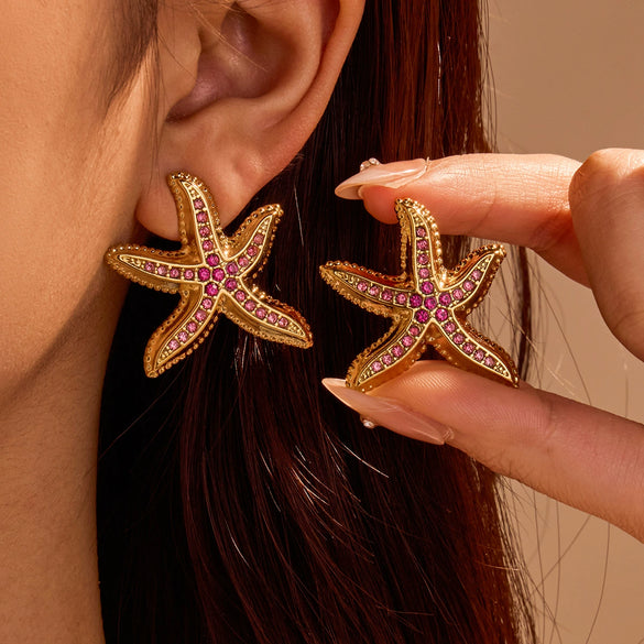 Wholesale Starfish Pattern Electroplated 18K Gold Stainless Steel Earrings For Women