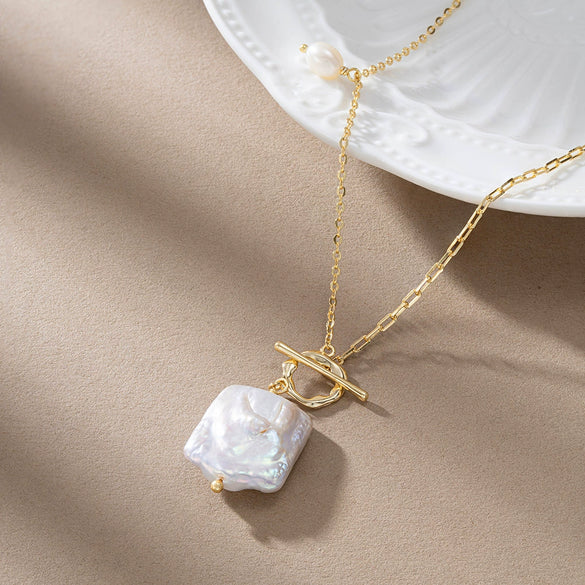 Wholesale 925 Sterling Silver Baroque Pearl Buckle Necklace Geometric Style Electroplated For Women