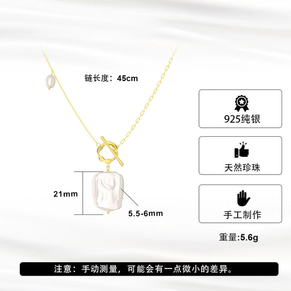 Wholesale 925 Sterling Silver Baroque Pearl Buckle Necklace Geometric Style Electroplated For Women