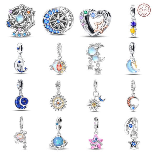 Wholesale 925 Sterling Silver Charm Crystal Star Moon Sun Beads Jewelry Bracelet Accessories With Dripping Oil Design For Women