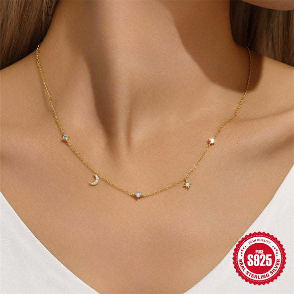 Wholesale 925 Sterling Silver Classic Geometric Star Moon Stacked Pendant Ochain Necklace For Women
