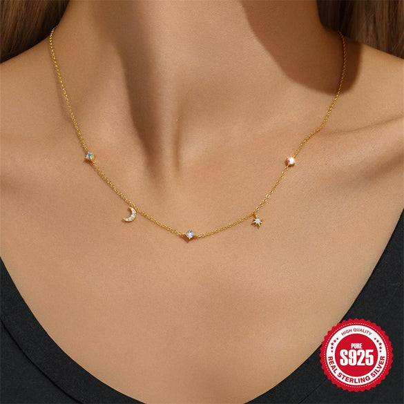 Wholesale 925 Sterling Silver Classic Geometric Star Moon Stacked Pendant Ochain Necklace For Women