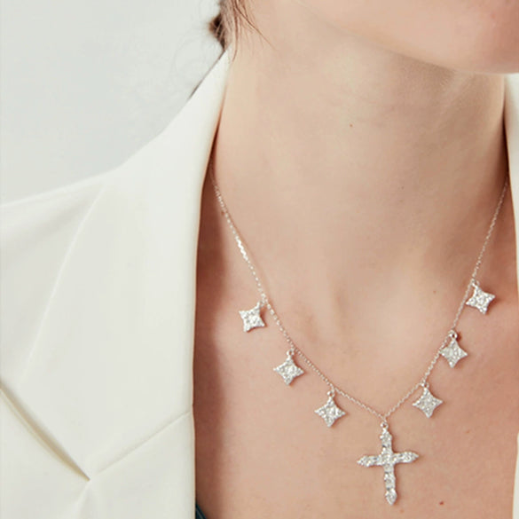 Wholesale 925 Sterling Silver Cross Geometric Patterned Necklace With High Carbon Drill Pendant For Women Electroplated