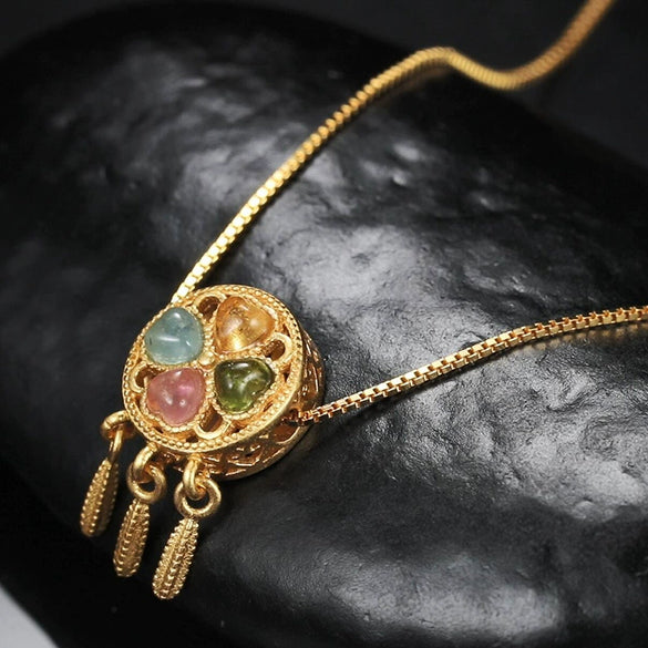 Wholesale 925 Sterling Silver Dream Catcher Necklace With Natural Tourmaline Inlaid Ancient Gold Craft Retro Elegant For Women Geometric Style