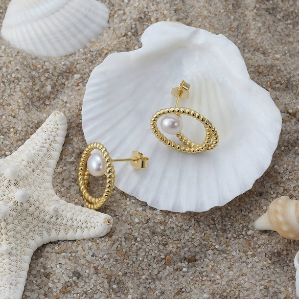 Wholesale 925 Sterling Silver Earrings Natural Simple Style Geometric Oval Baroque Pearl Electroplated For Women