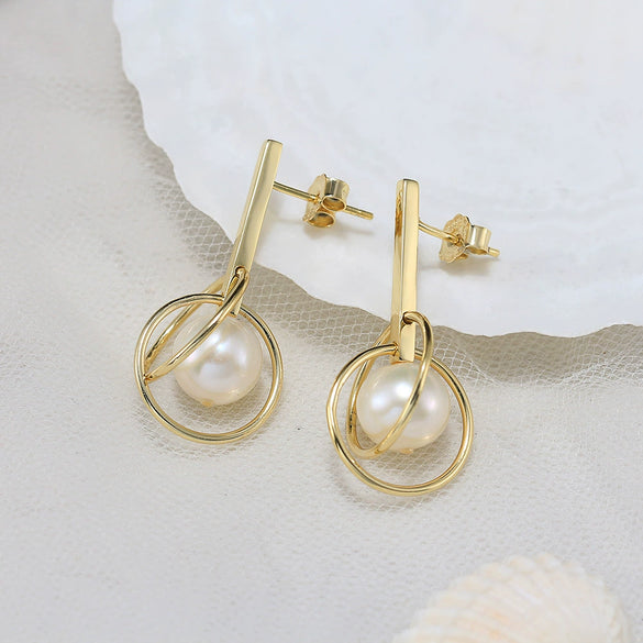 Wholesale 925 Sterling Silver Freshwater Pearl Geometric Earrings With Electroplating