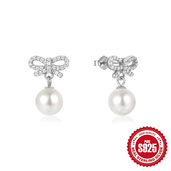 Wholesale 925 Sterling Silver Geometric Bow Pearl Women's Stud Earrings With Electroplating
