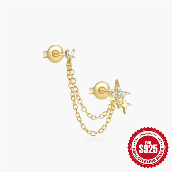Wholesale 925 Sterling Silver Geometric Five Pointed Star Chain Tassel Ear Studs With Electroplating For Women