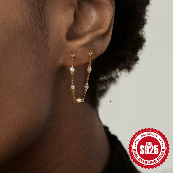 Wholesale 925 Sterling Silver Geometric Five Pointed Star Chain Tassel Ear Studs With Electroplating For Women