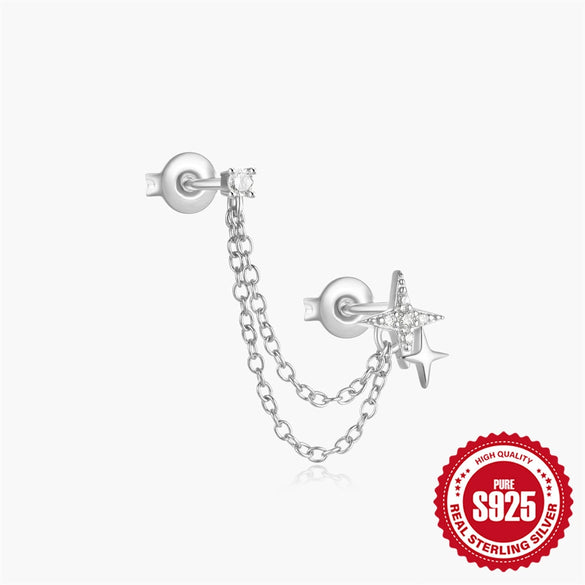 Wholesale 925 Sterling Silver Geometric Five Pointed Star Chain Tassel Ear Studs With Electroplating For Women