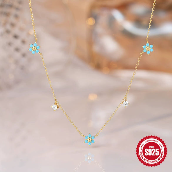 Wholesale 925 Sterling Silver Geometric Flower Turquoise Stacked O Word Chain Necklace With Zirconia Design