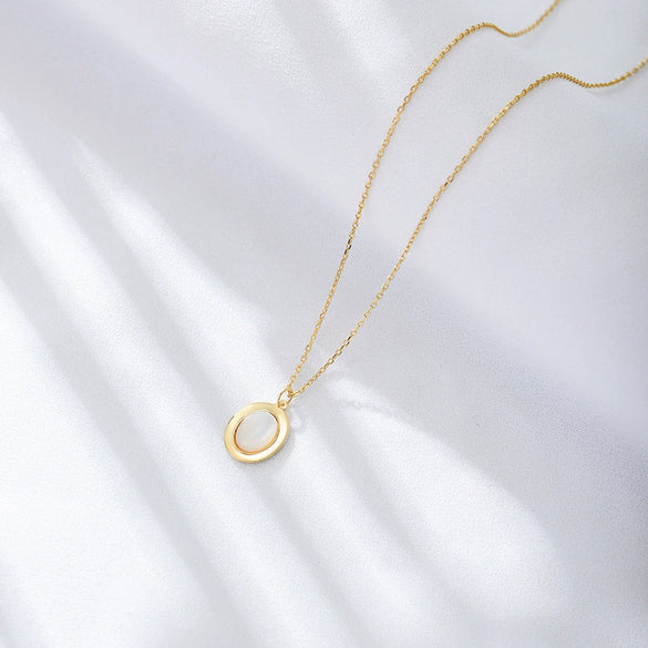 Wholesale Sterling Silver Geometric Oval Natural White Fritillary Shell Pendant Women's Necklace