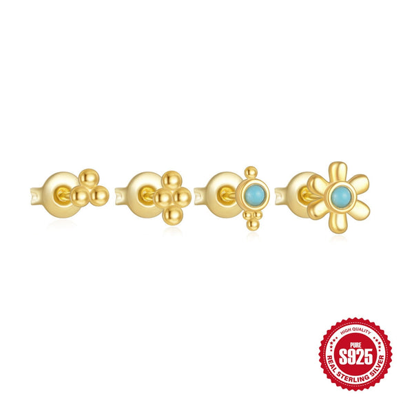 Wholesale 925 Sterling Silver Geometric Vintage Small Gold Ball Earrings 4Piece Set With Electroplating For Women