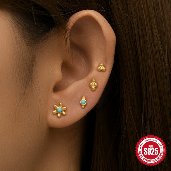 Wholesale 925 Sterling Silver Geometric Vintage Small Gold Ball Earrings 4Piece Set With Electroplating For Women