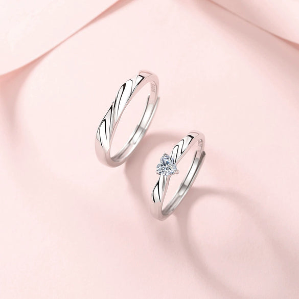 Wholesale 925 Sterling Silver Heart And Wave Pattern Allmatch Couple Open Ring With Diamond Styling