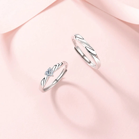 Wholesale 925 Sterling Silver Heart And Wave Pattern Allmatch Couple Open Ring With Diamond Styling