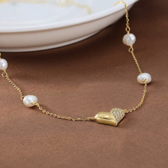 Wholesale 925 Sterling Silver Heart Pendant Necklace With Baroque Pearl Geometric Design And Electroplating