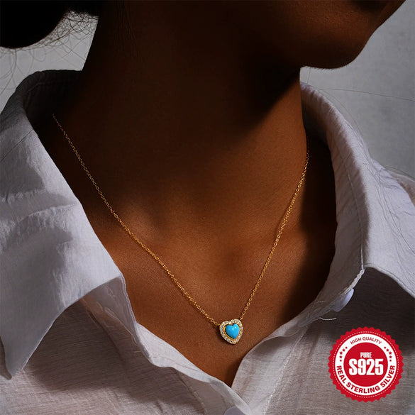 Wholesale 925 Sterling Silver Heart Shaped Diamond Turquoise Necklace With Electroplating For Women