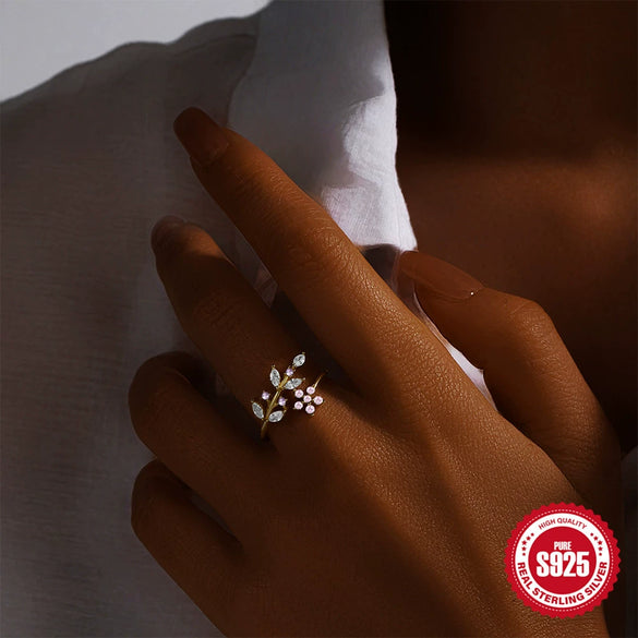 Wholesale 925 Sterling Silver Leaves Pink Flower Open Ring With Horse Eye Zircon Geometric Design Electroplating Treatment For Women