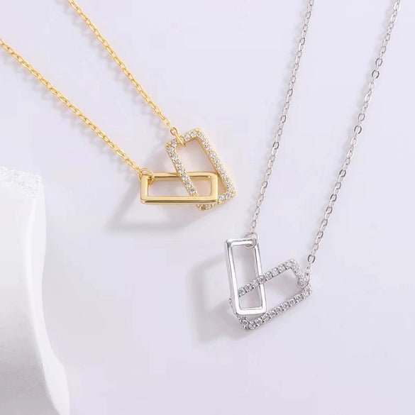 Wholesale Sterling Silver Light Luxury Double Rectangular Ochain Necklace With Geometric Pattern And Diamond Design For Women