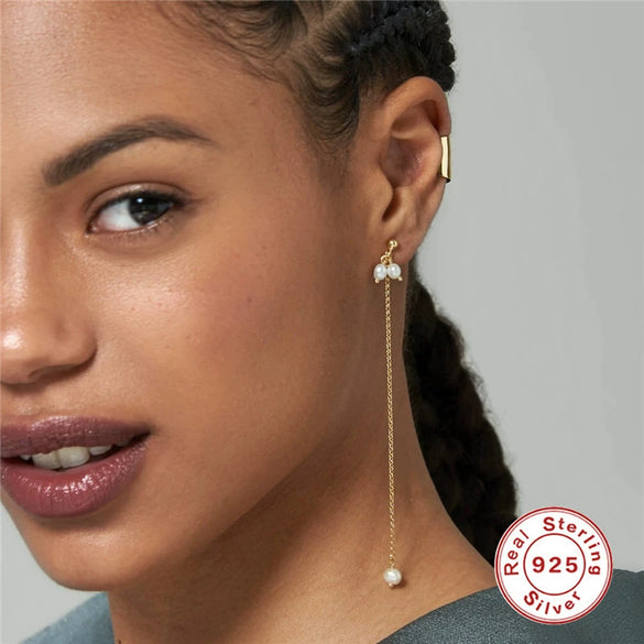 Wholesale 925 Sterling Silver Long Pearl Earrings With Tassel Chain Geometric Textured Simple For Women